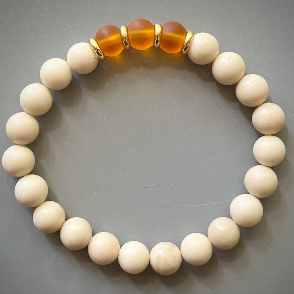 Ivory Fossil Jasper and Orange Sea Glass Handcrafted Beaded Bracelet